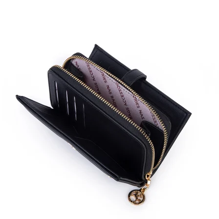 Nas Bag Kadın Orta Boy Kartlık Kağıt Para ve Bozuk Para Tasarımına Sahip Siyah Dona [16x9 cm]
