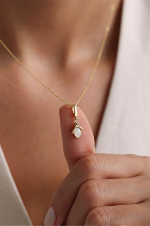 Opal Taşlı Penguen Kilitli Charm Kolye