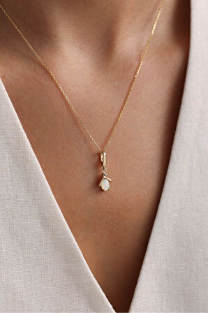 Opal Taşlı Penguen Kilitli Charm Kolye