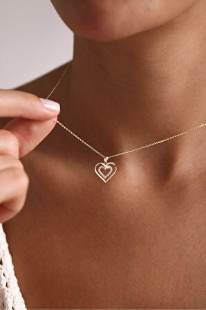 Beyaz Taşlı Double Heart Kalp Kolye