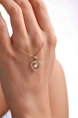 Taşlı Çift Kalp Cilalı Kolye