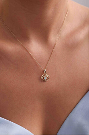 Zincir Detaylı Mavi Beyaz Taşlı Kirpikli Göz Kolye