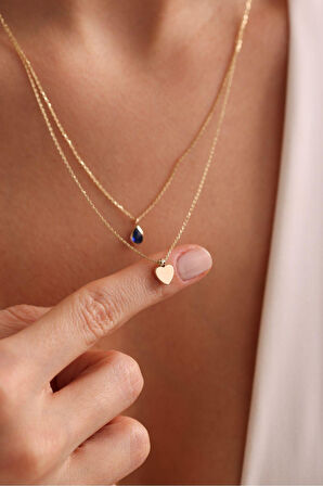 Lacivert Damla Taşlı Çift Sıra Kalp Kolye