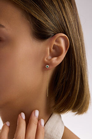 Yeşil Taşlı Çiçek Sallantılı Küpe