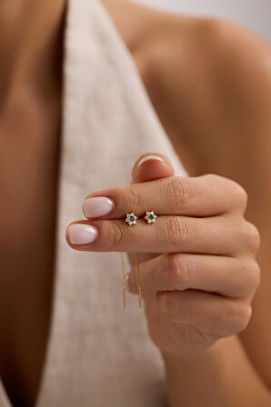 Yeşil Taşlı Çiçek Sallantılı Küpe