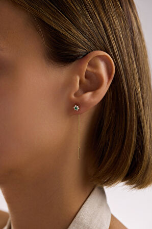 Yeşil Taşlı Çiçek Sallantılı Küpe