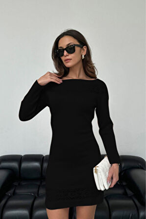 Kadın Kayık Yaka Yakası Dantel Detaylı Mint Triko Elbise