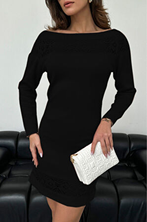 Kadın Kayık Yaka Yakası Dantel Detaylı Mint Triko Elbise