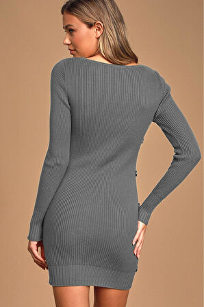 Kadın Geniş Yaka Uzun Kol Yandan Düğme Detaylı Gri Triko Elbise