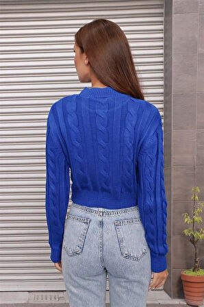 Yarım Balıkçı Yaka Saç Örgülü Kısa Crop Saks Mavisi Kazak