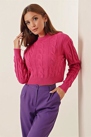 Yarım Balıkçı Yaka Saç Örgülü Kısa Crop Fuşya Kazak
