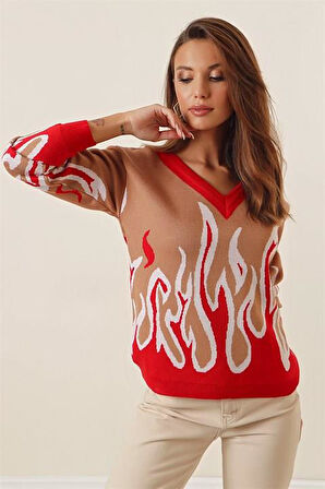 Alev Desenli V Yaka Camel Kazak