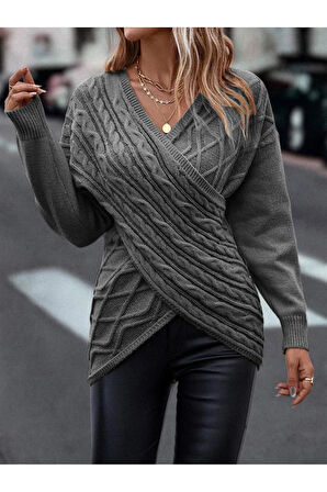 Kruvaze Yaka Yürütme Desenli Saç Örgülü Triko Kazak Antrasit