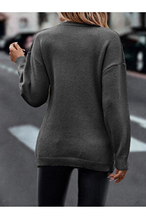 Kruvaze Yaka Yürütme Desenli Saç Örgülü Triko Kazak Antrasit