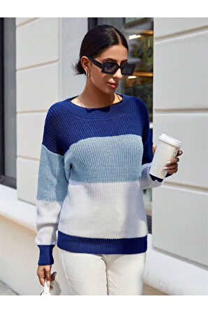 Bisiklet Yaka Renk Bloklu Uzun Kollu Kadın Triko Kazak Saks Bebe Beyaz