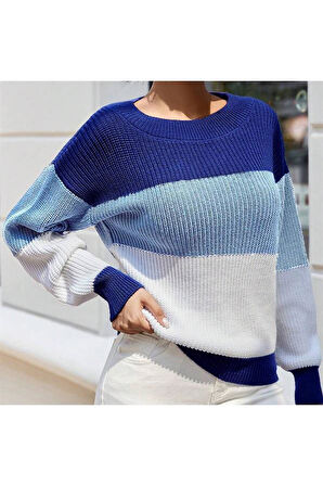 Bisiklet Yaka Renk Bloklu Uzun Kollu Kadın Triko Kazak Saks Bebe Beyaz