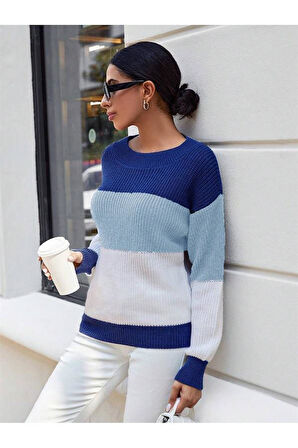 Bisiklet Yaka Renk Bloklu Uzun Kollu Kadın Triko Kazak Saks Bebe Beyaz