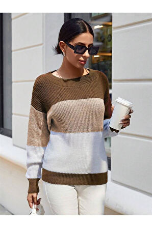 Bisiklet Yaka Renk Bloklu Uzun Kollu Kadın Triko Kazak Camel Taş Beyaz