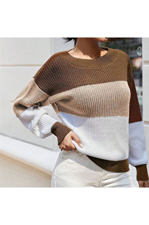 Bisiklet Yaka Renk Bloklu Uzun Kollu Kadın Triko Kazak Camel Taş Beyaz