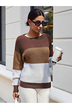 Bisiklet Yaka Renk Bloklu Uzun Kollu Kadın Triko Kazak Tarçın Camel Beyaz