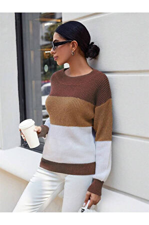 Bisiklet Yaka Renk Bloklu Uzun Kollu Kadın Triko Kazak Tarçın Camel Beyaz