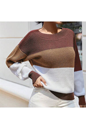 Bisiklet Yaka Renk Bloklu Uzun Kollu Kadın Triko Kazak Tarçın Camel Beyaz