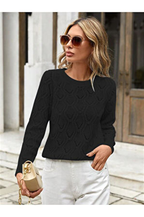 Bisiklet Yaka Ajurlu Yürütme Desenli Kadın Triko Kazak Siyah