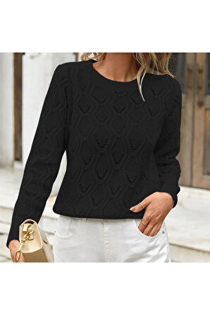 Bisiklet Yaka Ajurlu Yürütme Desenli Kadın Triko Kazak Siyah