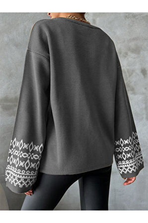 Bisiklet Yaka Salaş Kol Oversize Jakar Desenli Detaylı Gri Triko Kazak