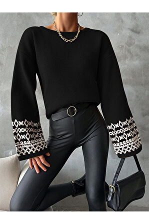 Bisiklet Yaka Salaş Kol Oversize Jakar Desenli Detaylı Siyah Triko Kazak