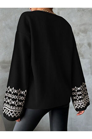 Bisiklet Yaka Salaş Kol Oversize Jakar Desenli Detaylı Siyah Triko Kazak
