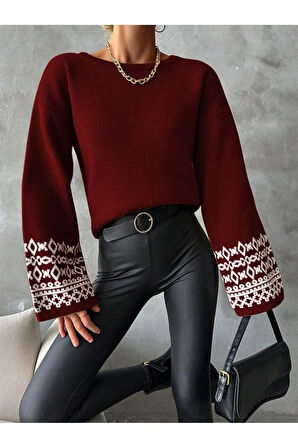 Bisiklet Yaka Salaş Kol Oversize Jakar Desenli Detaylı Bordo Triko Kazak