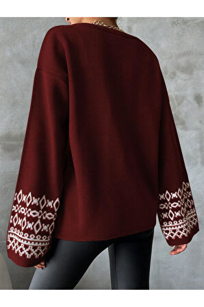 Bisiklet Yaka Salaş Kol Oversize Jakar Desenli Detaylı Bordo Triko Kazak