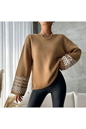 Bisiklet Yaka Salaş Kol Oversize Jakar Desenli Detaylı Camel Triko Kazak