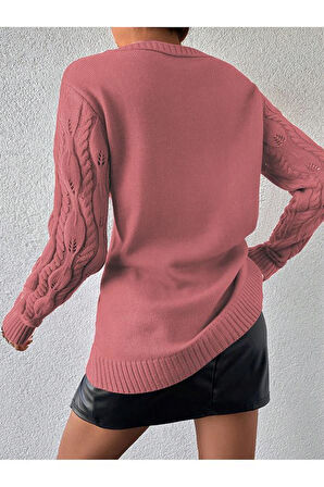 Kadın Bisiklet Yaka Yaprak Desenli Ajurlu Tarçın Triko Kazak