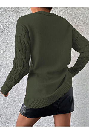 Kadın Bisiklet Yaka Yaprak Desenli Ajurlu Haki Triko Kazak