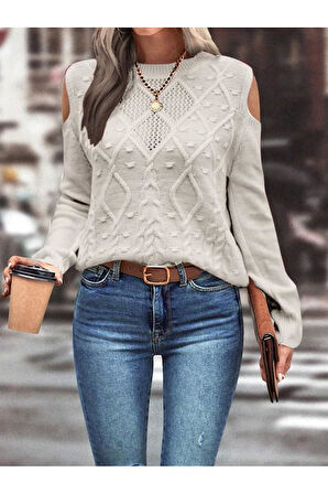 Kadın Bisiklet Yaka File Detaylı Saç Örgü Yürütme Desenli Omuz Detaylı Taş Triko Kazak