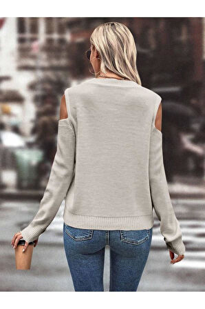 Kadın Bisiklet Yaka File Detaylı Saç Örgü Yürütme Desenli Omuz Detaylı Taş Triko Kazak