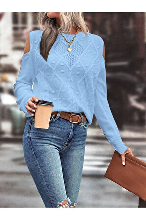 Kadın Bisiklet Yaka File Detaylı Saç Örgü Yürütme Desenli Omuz Detaylı Bebe Mavi Triko Kazak