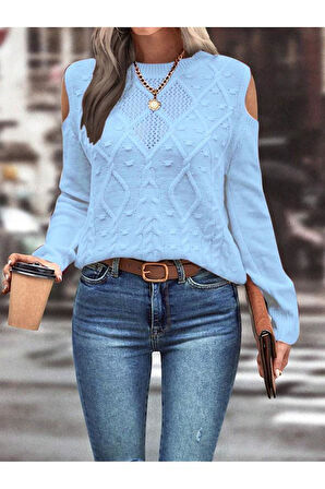 Kadın Bisiklet Yaka File Detaylı Saç Örgü Yürütme Desenli Omuz Detaylı Bebe Mavi Triko Kazak
