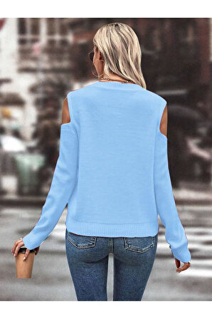 Kadın Bisiklet Yaka File Detaylı Saç Örgü Yürütme Desenli Omuz Detaylı Bebe Mavi Triko Kazak