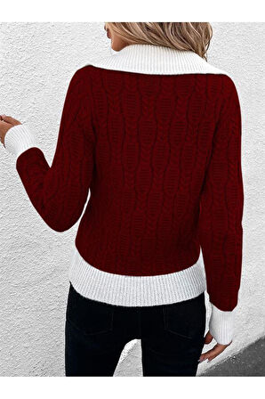 Kadın V Yaka Yürütme Desen Saç Örgü Bordo Triko Kazak