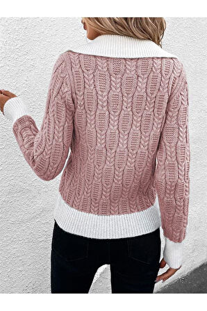 Kadın V Yaka Yürütme Desen Saç Örgü Pudra Triko Kazak