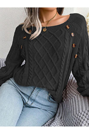 Kadın Kayık Yaka Saç Örgü Desenli Düğme Detaylı Antrasit Triko Kazak