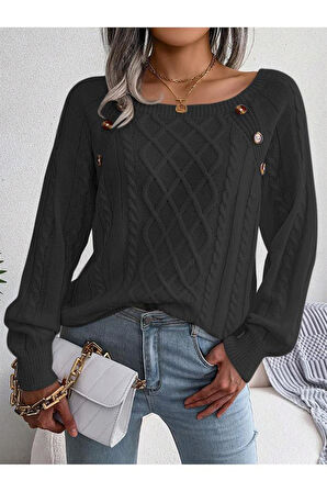 Kadın Kayık Yaka Saç Örgü Desenli Düğme Detaylı Antrasit Triko Kazak