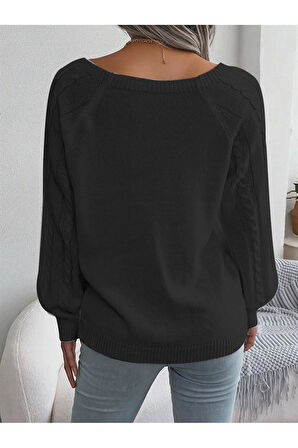 Kadın Kayık Yaka Saç Örgü Desenli Düğme Detaylı Antrasit Triko Kazak