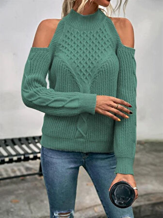 Kadın Balıkçı Yaka Omuzu Açık Selanik Saç Örgü Detaylı Mint Yeşili Triko Kazak