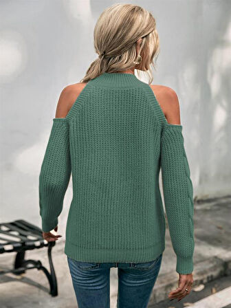 Kadın Balıkçı Yaka Omuzu Açık Selanik Saç Örgü Detaylı Mint Yeşili Triko Kazak