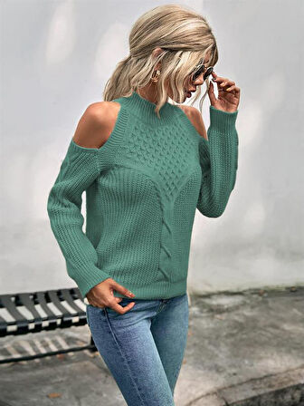 Kadın Balıkçı Yaka Omuzu Açık Selanik Saç Örgü Detaylı Mint Yeşili Triko Kazak