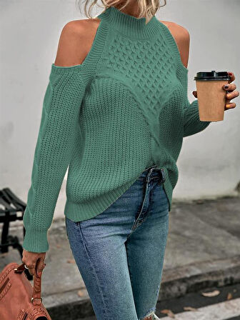 Kadın Balıkçı Yaka Omuzu Açık Selanik Saç Örgü Detaylı Mint Yeşili Triko Kazak